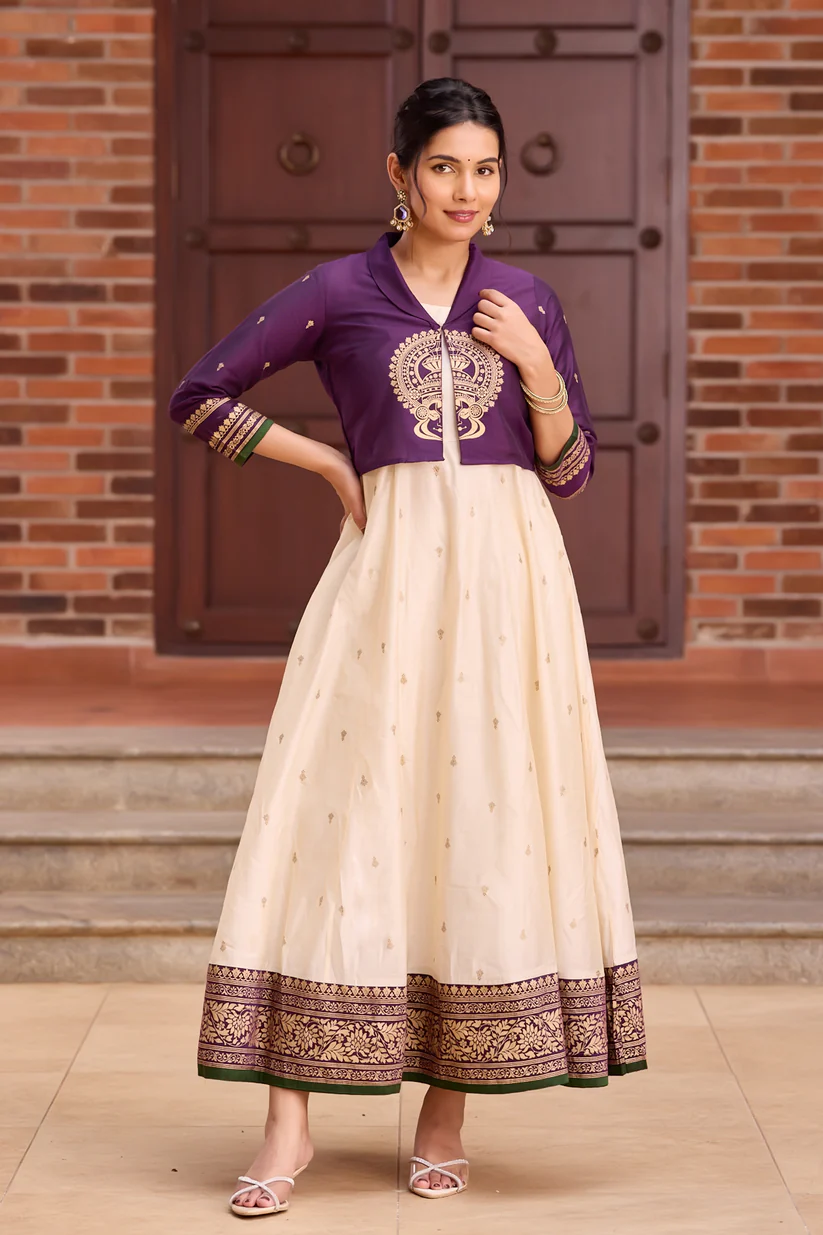 Elegant Off-White Kurta with Embroidered Yoke & Golden Detailing